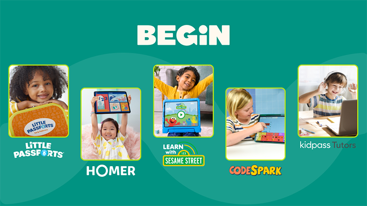 Images of kids playing with and logos representing the six Begin brands: Little Passports, HOMER, Learn with Sesame Street, codeSpark, and KidPass Tutors